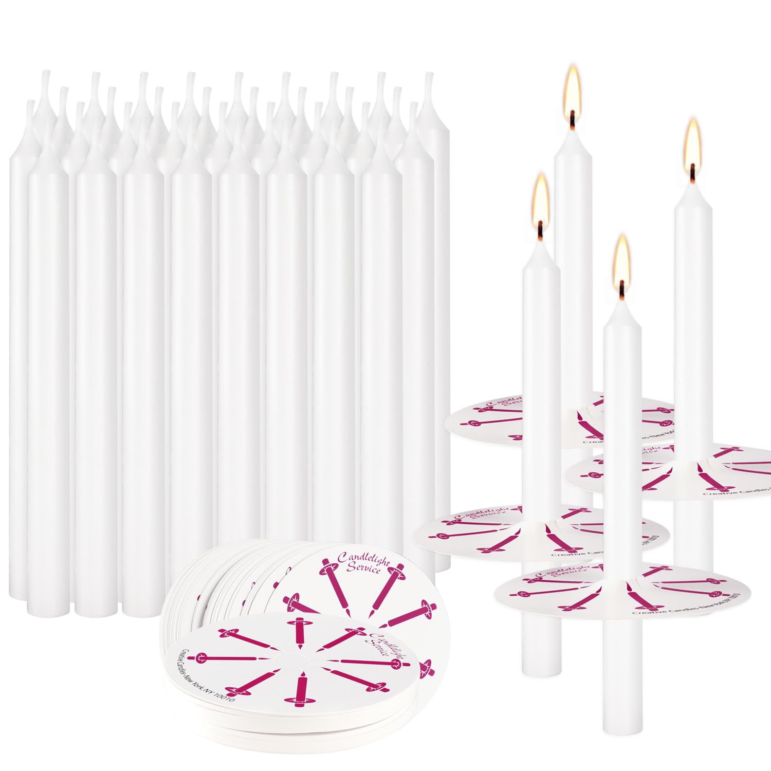 Photo 1 of 100 Pieces 5-Inch White Unscented Taper Candles with Drip Protectors for Church, Prayer, Shabbat, and Vigil Use