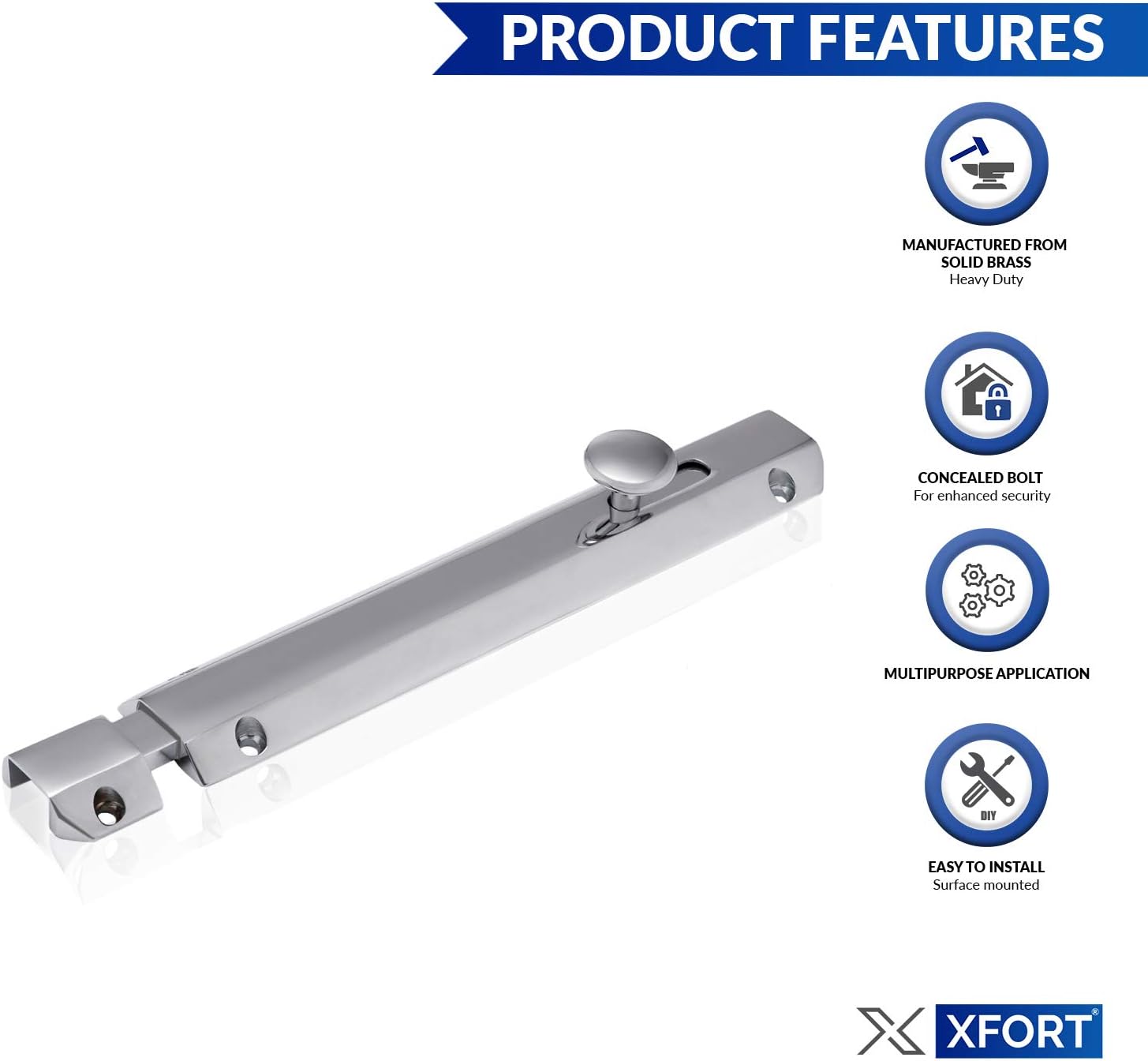 XFORT® 4 Inch Polished Chrome Surface Bolt, Heavy Duty Internal Door Bolt with Smooth Rounded Casing - Image 4