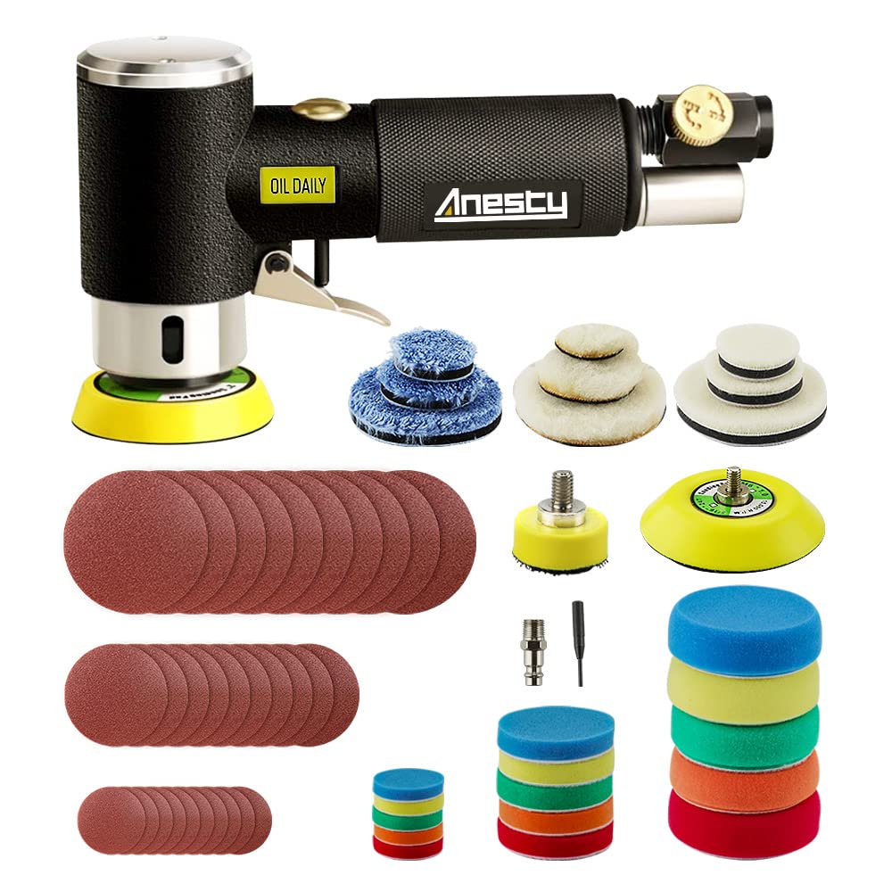 Air Orbital Sander, Mini Dual Action Random Orbit Sander Pneumatic Polisher Sets with 1" 2'' 3'' Polishing Pads & Buffing Pads for Detail Sanding Polishing