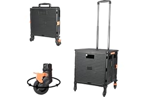 FELICON SELORSS Foldable Utility Cart Folding Portable Rolling Crate Handcart with Heavy Duty Telescoping Handle Collapsible 4 Rotate Wheels for Travel Shopping Move Luggage Office Use(Black+Black)