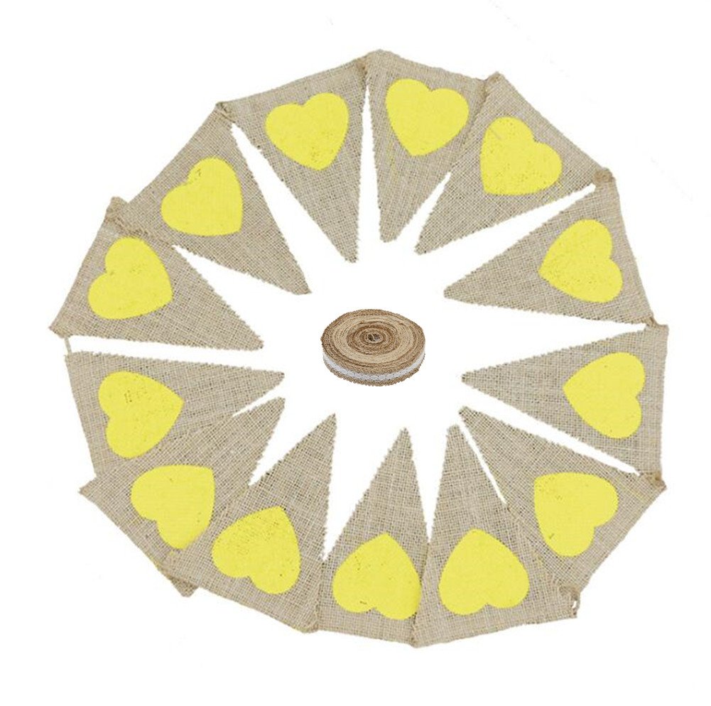 Zhiheng 13 Pieces Flags Heart Hessian Bunting Rustic Burlap Banner with 1 Meter Vintage Ribbon for Wedding Birthday Celebration Party Decoration(Yellow)