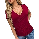 VOIANLIMO Women's Summer Tops Short Sleeve Slim Fitted Deep V Neck Cross Wrap Tunic T-Shirt Side ruched Shirring Tees