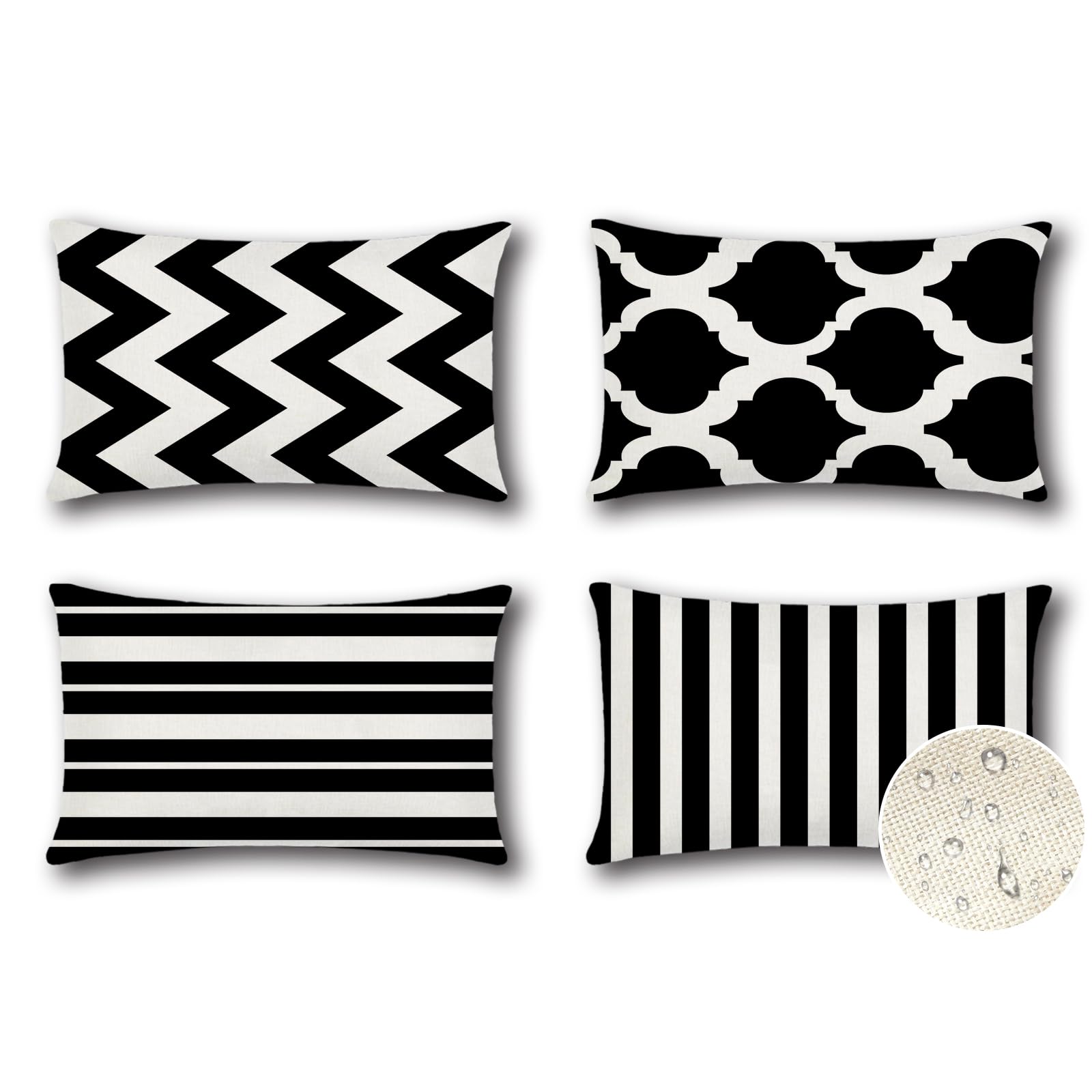 Photo 1 of OTOSTAR Set of 4 Waterproof Throw Pillow Covers 12x20 Inch Farmhouse Geometric Square Pillow Cases for Couch Patio Furniture Balcony Garden Outdoor Decoration Geometry70-Black