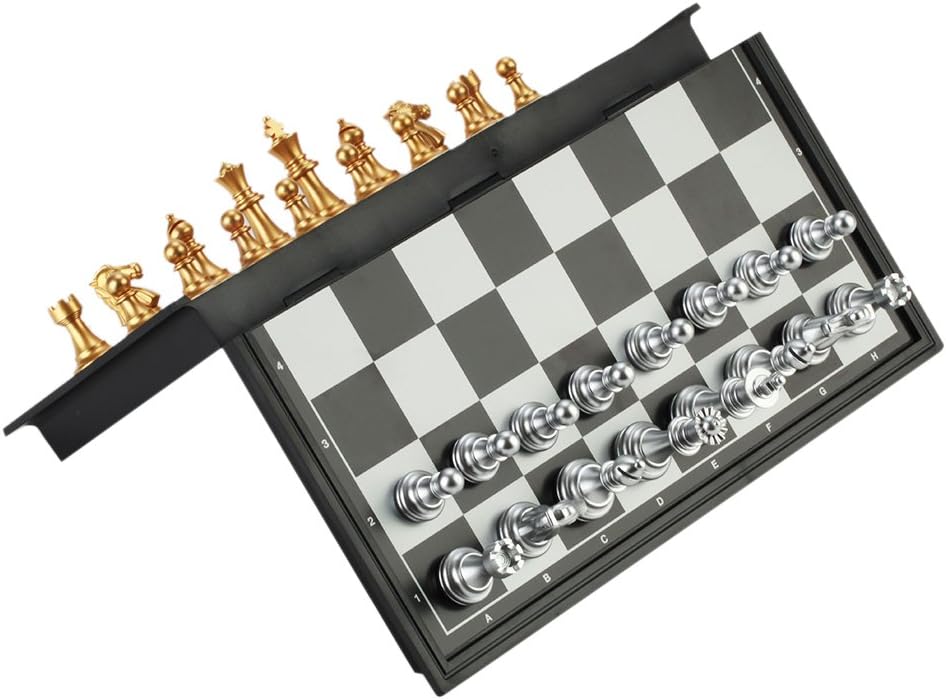 Bytan Travel Chess Set Magnetic Chess Board & Pieces Traditional Portable Folding Chess Mini Game for Kids Adult Travel Camping with Gold and Silver Pieces (25cm x 25cm)