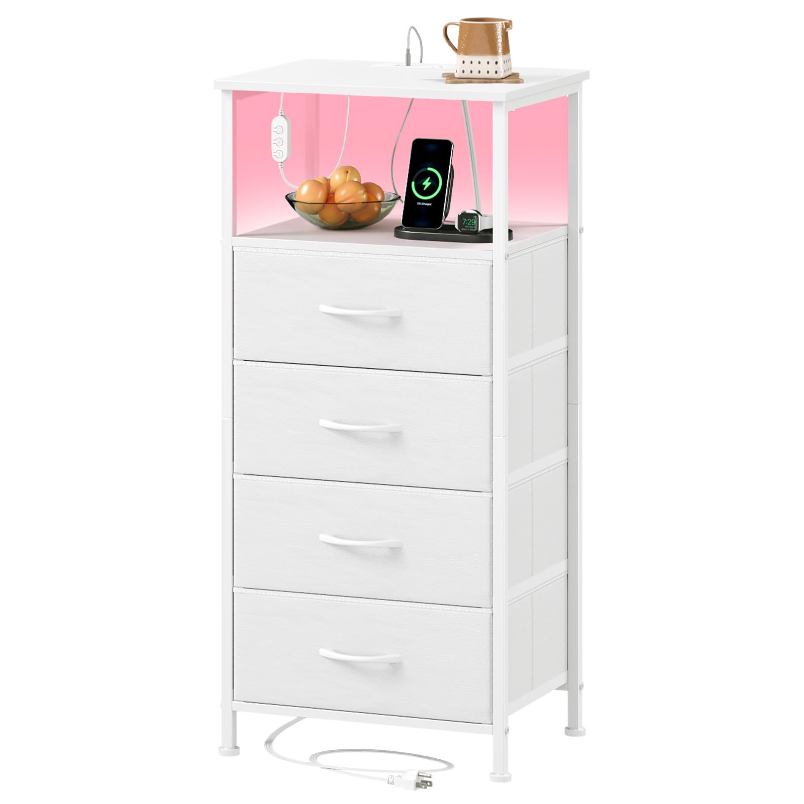 Photo 1 of Somdot White Nightstand with Charging Station and LED Light for Bedroom, Tall 4 Drawers Dresser with Fabric Bins for Bedside Kids Dorm Room Closet Laundry Entryway, White Leather