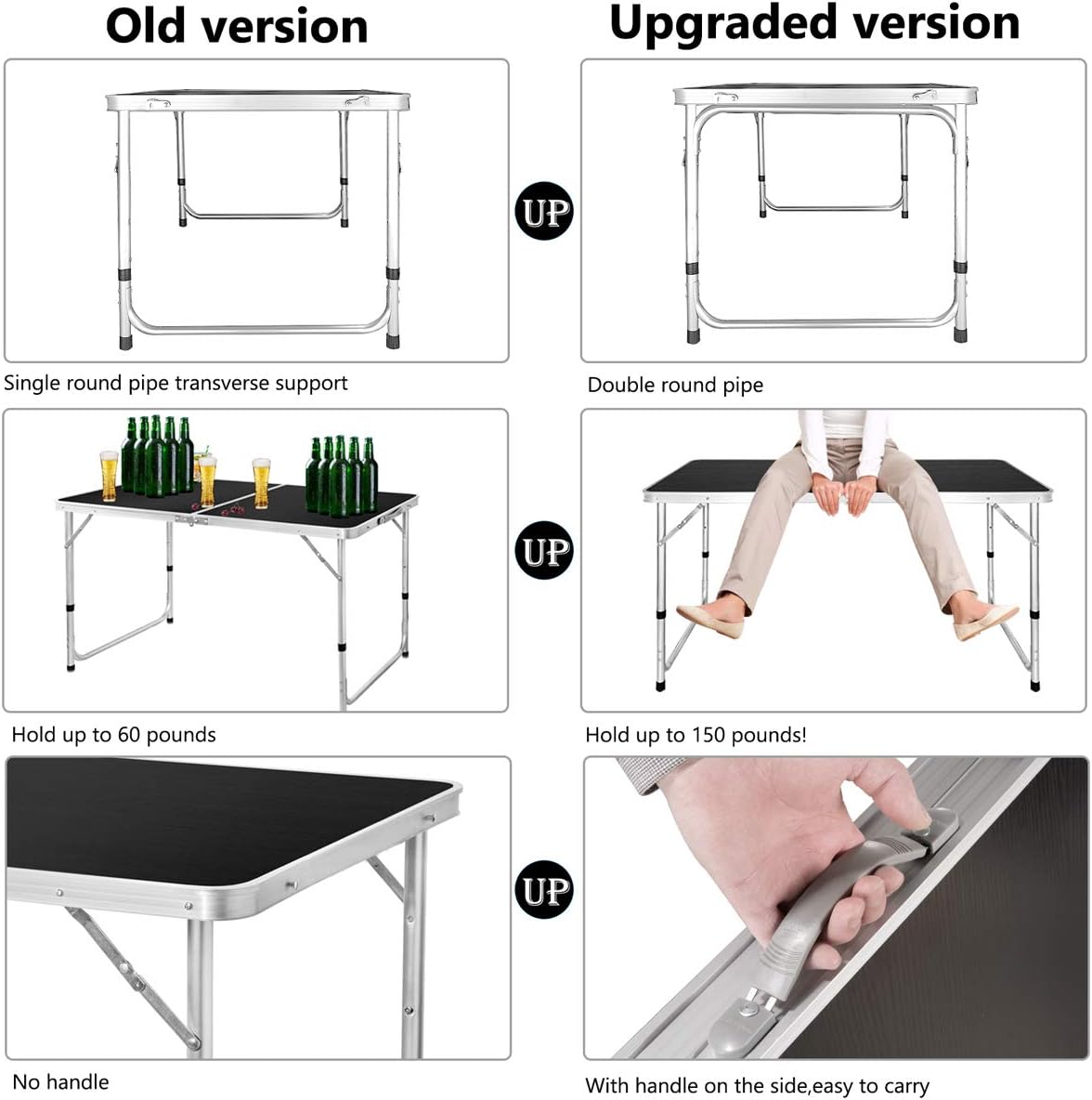 Folding Picnic Table, 4FT Aluminum Height Adjustable Alightweight Portable Handle, Rust Resistance Table for Outdoor Picnic Beach Backyard, 47''x24'', Black: Kitchen & Dining