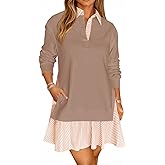 Wenrine Womens Oversized Sweatshirt Dress Casual Long Sleeve Collared V Neck Patchwork Loose Mini Dresses