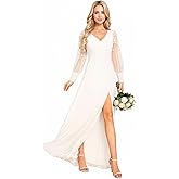 Ever-Pretty Women's V Neck Chiffon Embroidered Tulle Long Sleeves Slit Maxi Wedding Dresses