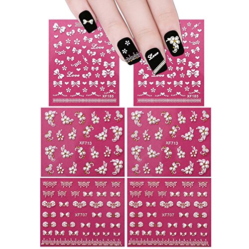 ALLYDREW Fingernail Stickers Nail Art Nail Stickers Self-Adhesive Nail Stickers 3D Nail Decals - Bows, Hearts & Flowers (3 designs/6 sheets)