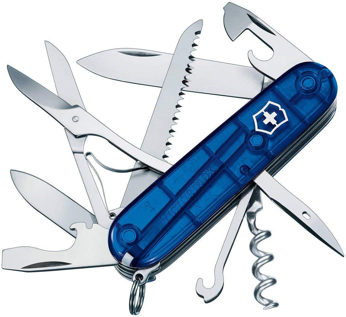Victorinox Huntsman Swiss Army Knife, Medium, Multi Tool, Camping Knife, 15 Functions, Large Blade, Bottle Opener, Blue Transparent