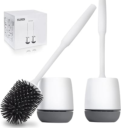 Hulameda Toilet Brush and Holder 2 Pack Gray White Silicone TPR Bristles