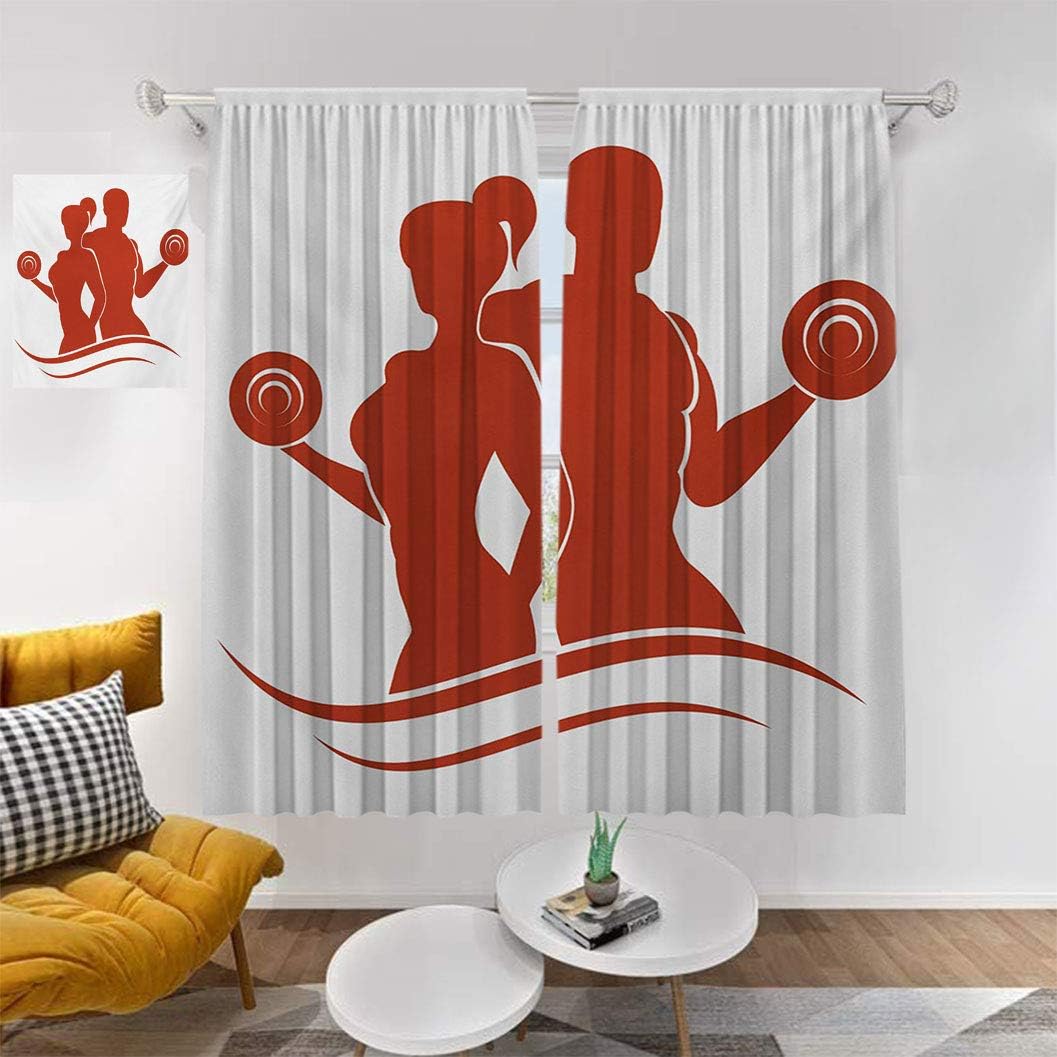 RityoDecor Fitness Printed Curtains, Muscled Man and Woman Silhouettes Holding Dumbbells Gym Health Strength Activity Privacy Protect Blinds Noise Reduce, 2Pcs Each 48" Wx96 L Orange White