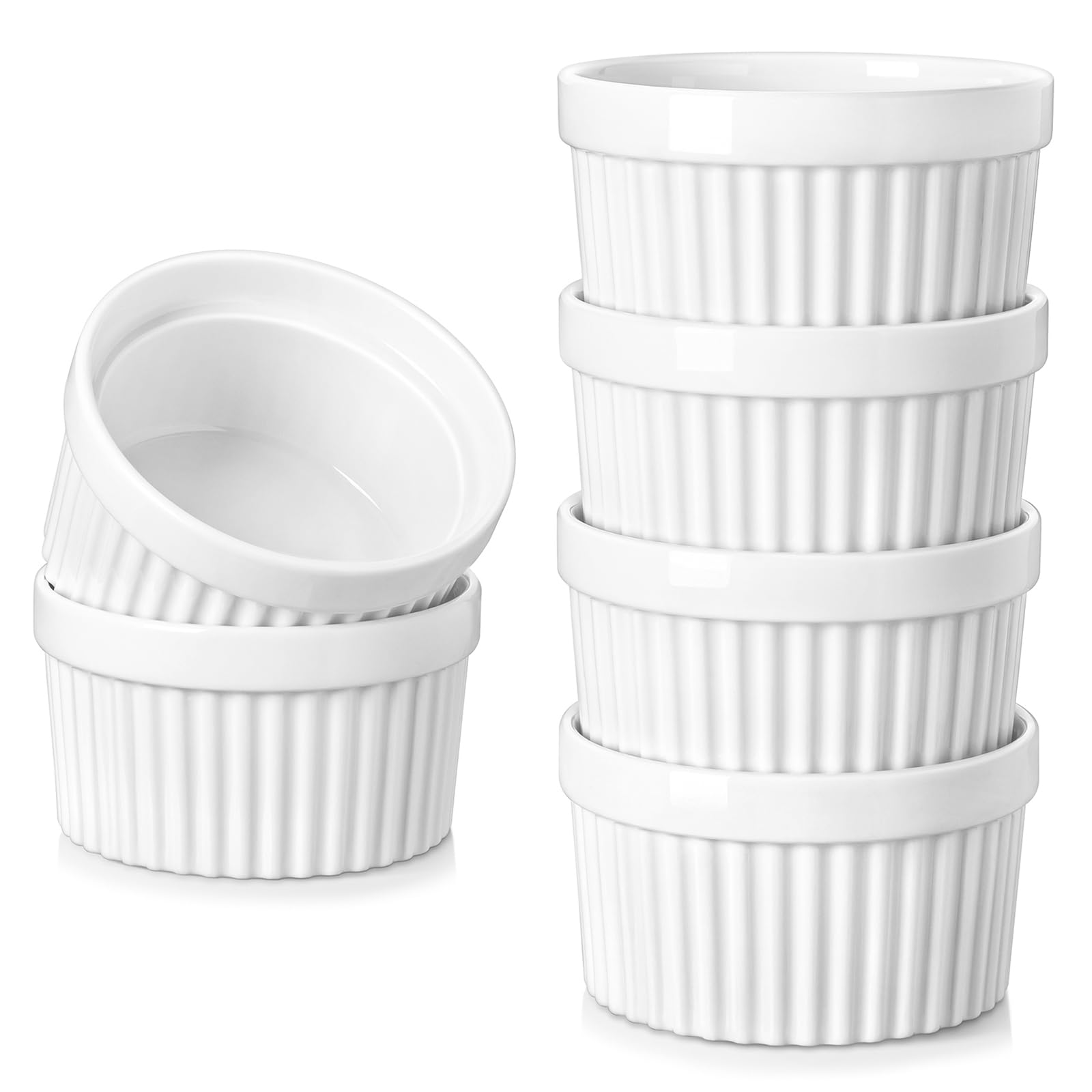 vancasso 10 oz Ramekins, Souffle Dishes Set of 6, White Porcelain Creme Brulee Ramekins, Baking Cups for Pudding, Fruits, Dips, Dishwasher and Oven Safe