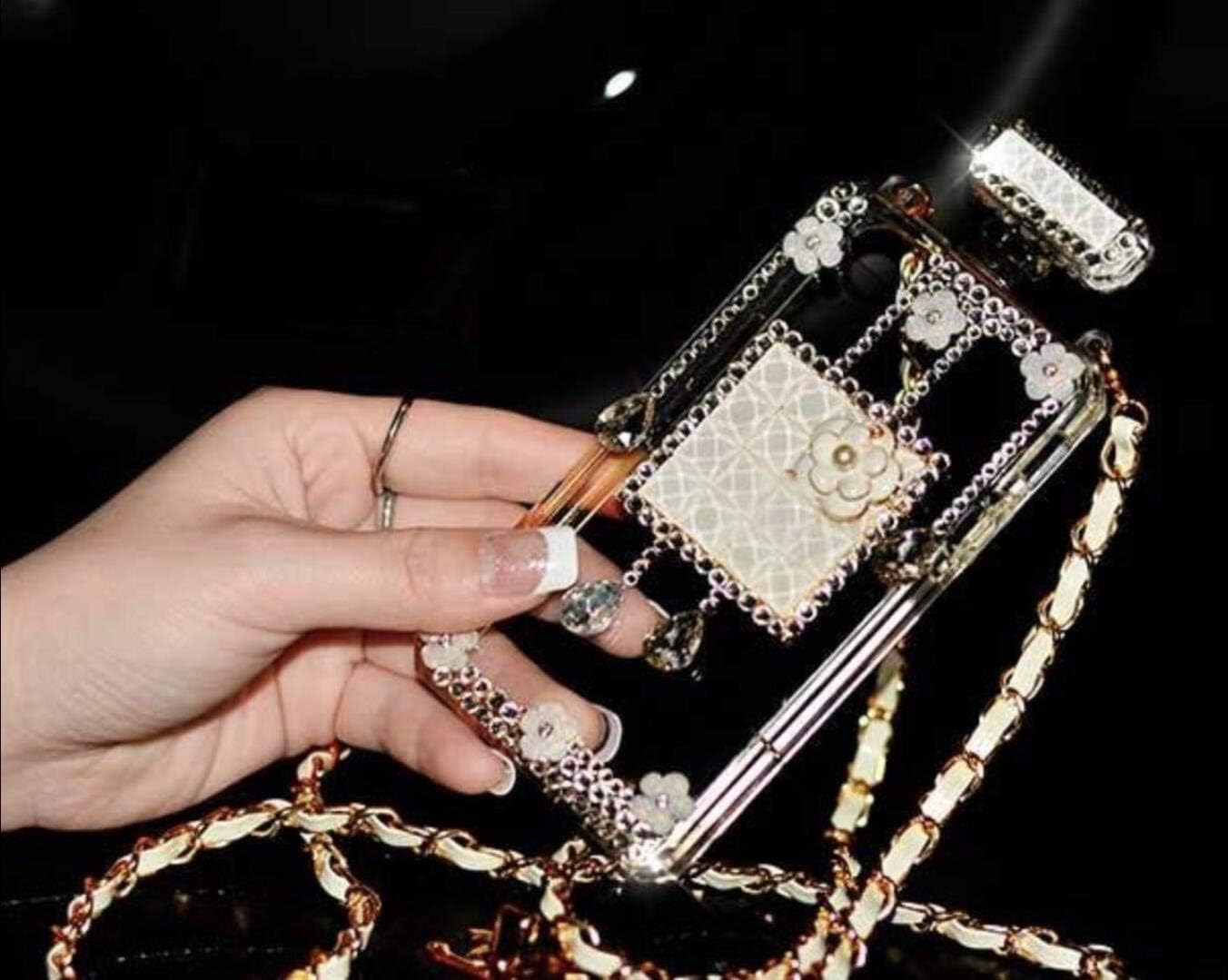 Fusicase for Galaxy S10 Clear Perfume Bottle Case Luxury 3D Handmade Shiny Crystal Sparkle Rhinestone Bling Diamond Cover with Detachable Chain Lanyard for Girls Women Case for Galaxy S10 White