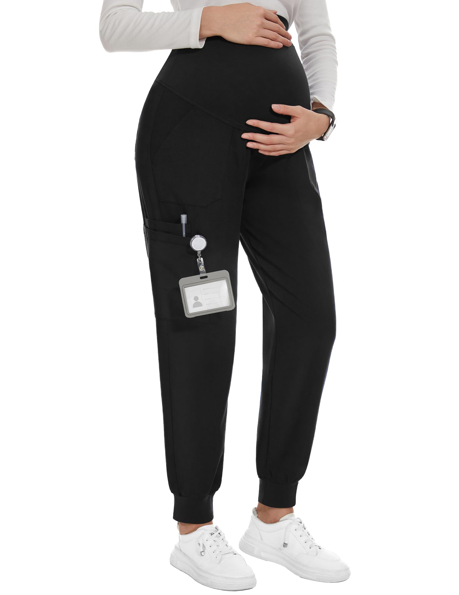 Photo 1 of PACBREEZE Women's Maternity Scrubs with 6 Pockets, Workwear Maternity Jogger Scrubs Pregnancy Pants, S-XXL(Update Black, Large)