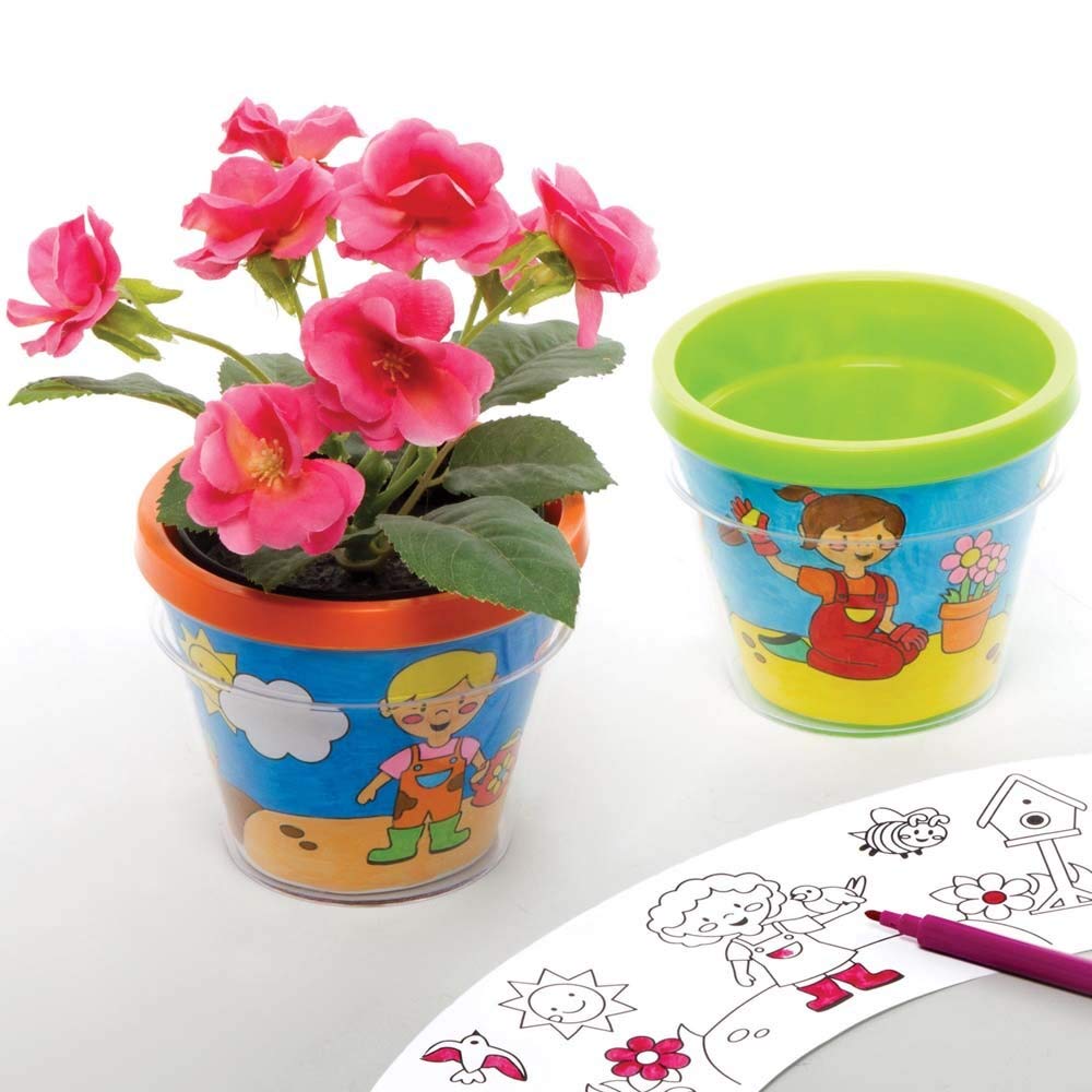 Baker Ross FE509 Garden Colour-In Flowerpots Craft Set - Pack of 3, Make Your Own Flowerpots, Plastic Plant Pots for Children to Decorate