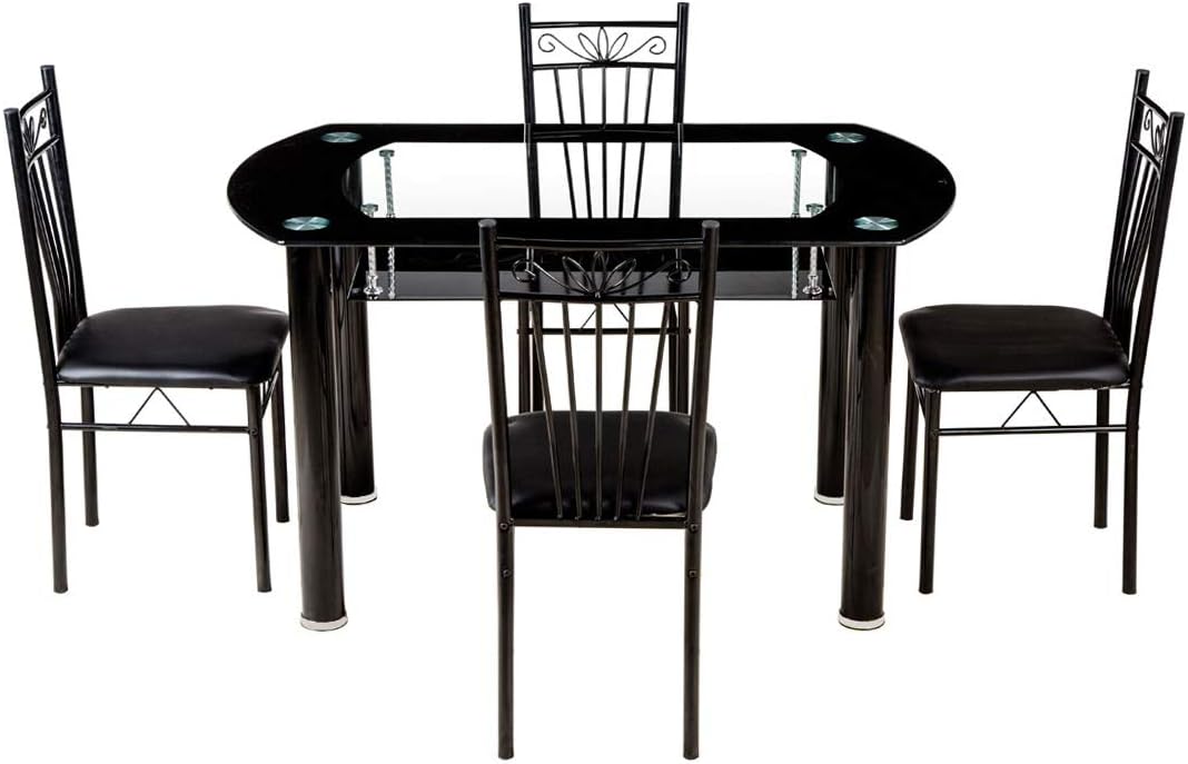 Woodness Wales 4 Seater Glass Dining Table Set (Glossy, Black)