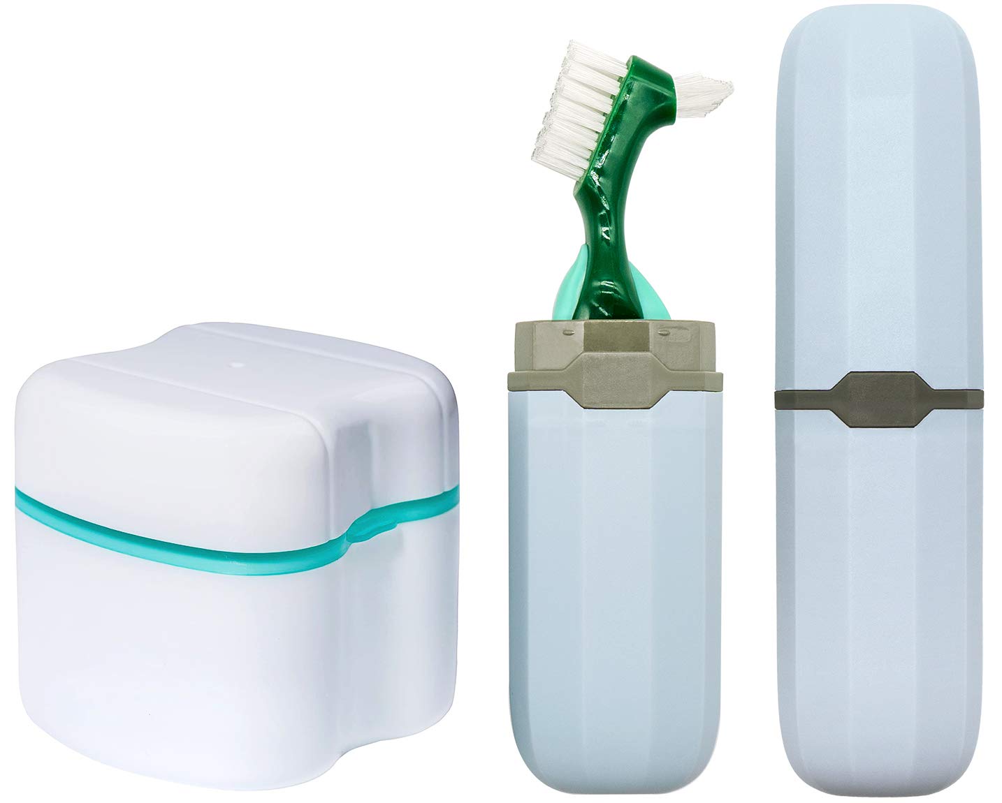 Denture Case, Denture Cups Bath, Toothbrush with hard denture and portable toothbrush box, Dentures Container with Basket Denture Holder for Travel (Green) : Beauty