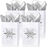 Whaline 24Pcs Winter Christmas Gift Paper Bag with 30 Sheets Silver Tissue Paper White Silver Foil Snowflake Treat Bags with Handles Candy Goodie Bags for Xmas Winter Holiday Party Favors Supplies