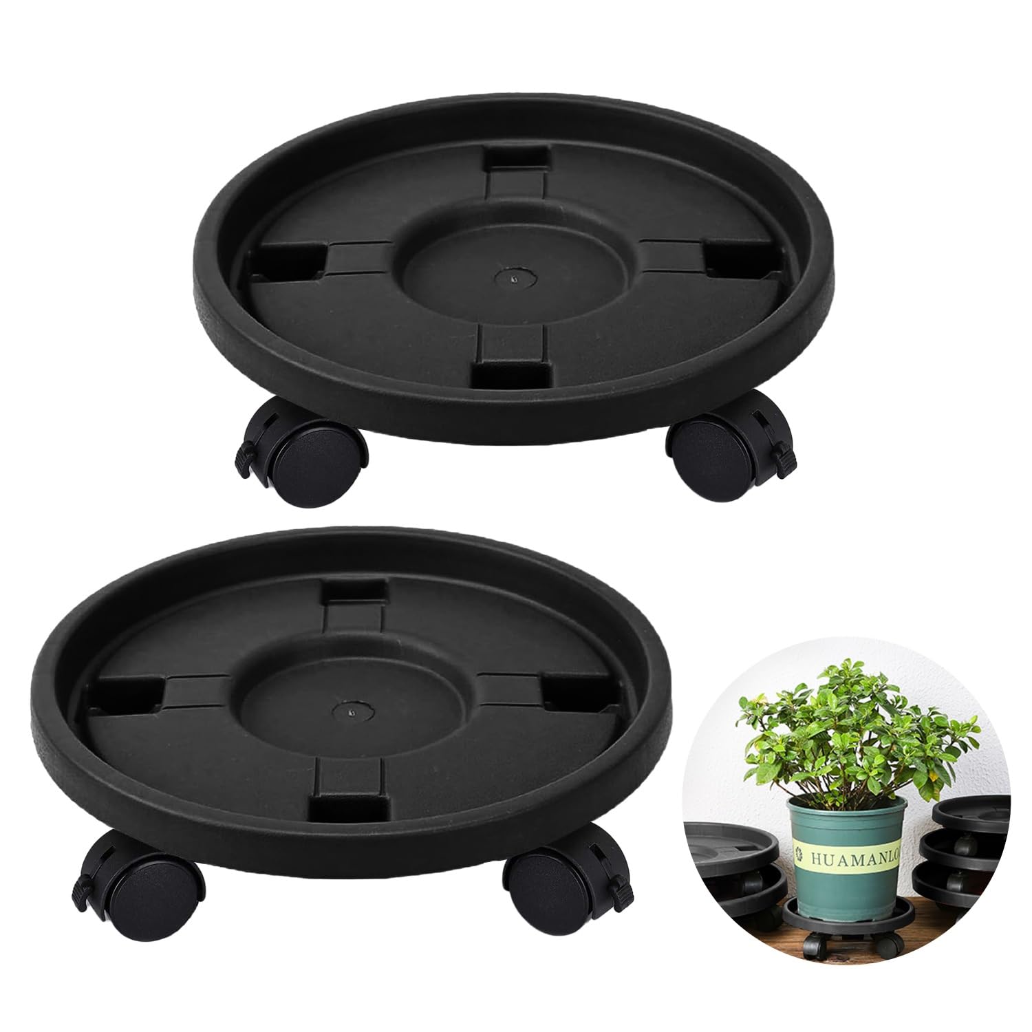 2PCS Heavy Duty Rust Proof Plant Caddy with Wheels 12 Inch Rolling Plant Stand Round Planter Rollers Movable Flower Pot Pallet Indoor Outdoor Potted Trolley With Brake (OD:30CM, Black With Brake)