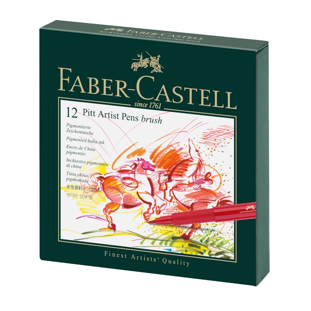 Faber-Castell Art & Graphic Pitt Artist Pen Brush India Ink Pen, Multicoloured, Studio Box Of 12, For Art, Craft, Drawing, Sketching, Home, School, University, Colouring