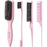 Pink Boar Bristle Slick Back Hair Brush, 4-Piece Hair Styling Tool Set | Smooth Flyaways ,Frizz Control, Sleek Ponytails &amp; Buns and Edge Baby Hair, Styling Accessories for Girls, Kids &amp; Women