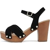 Soda MIGUEL ~ Women Crisscross Band Fashion Chunky Platform Block Mid Heel Sandal with Ankle Strap and Stud