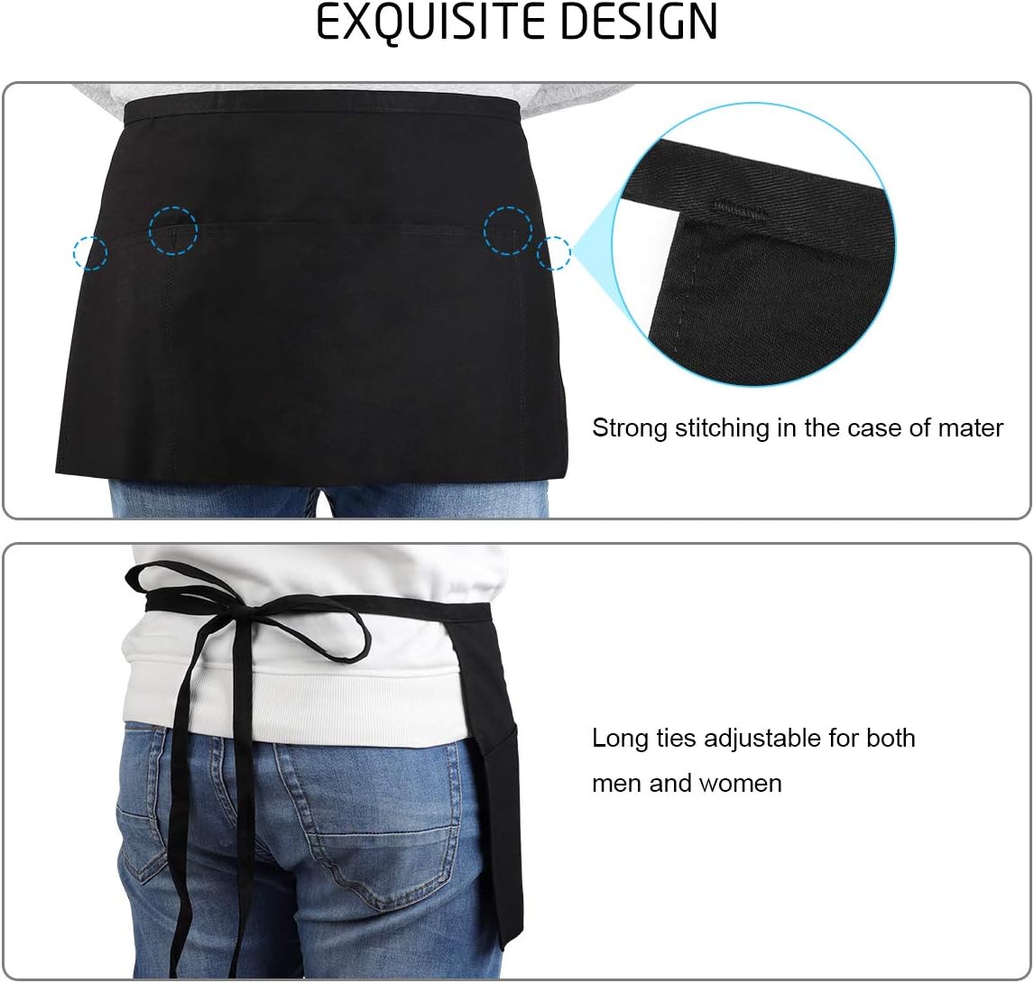 Syntus 3 Pack 3 Pockets 100% Cotton Waitress Waist Apron,11.5-inch Black: Home & Kitchen