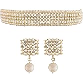 I Jewels Gold Plated Indian Wedding Bollywood Gold Pearl & Kundan Studded Choker Necklace Jewellery Set For Women (K7209)