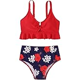 ESHOWEE Girls Swimsuits 2 Piece Bathing Suit Set Toddler Ruffle Tank Top Front Cutout Beach Summer Bikini Swimwear 2-12Y