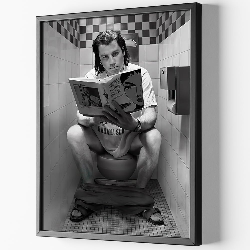 Photo 1 of Quarut Black Framed Funny Movie Bathroom Wall Art - Humorous John Toilet Scene - Canvas Print for Bathroom Wall Decor