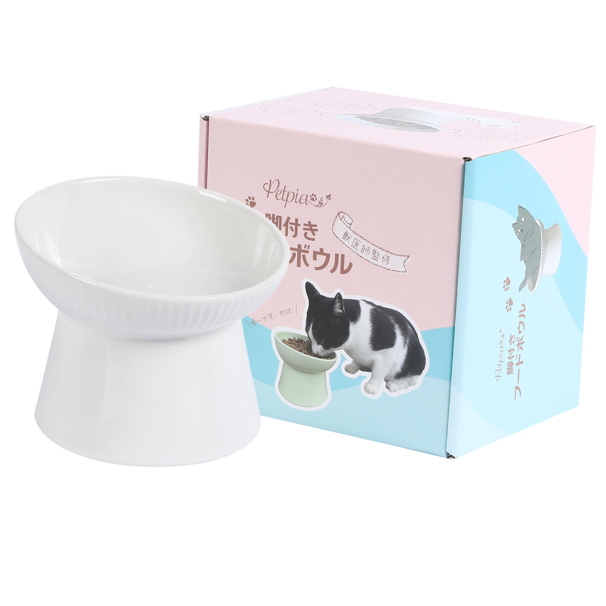 【獣医師監修】 Petpia 猫 皿 食器 御飯皿 餌入れ 脚付きフードボウル 磁器製 200ml 15度の傾斜 吐き戻し防止 (ホワイト)商品画像