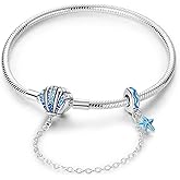 Charm Bracelet for Women Sterling Silver, Heart Clasp Snake Chain Bracelet Travel Charm Moments European Bracelet Jewelry Compatible with Pandora Charms, Gift for Her