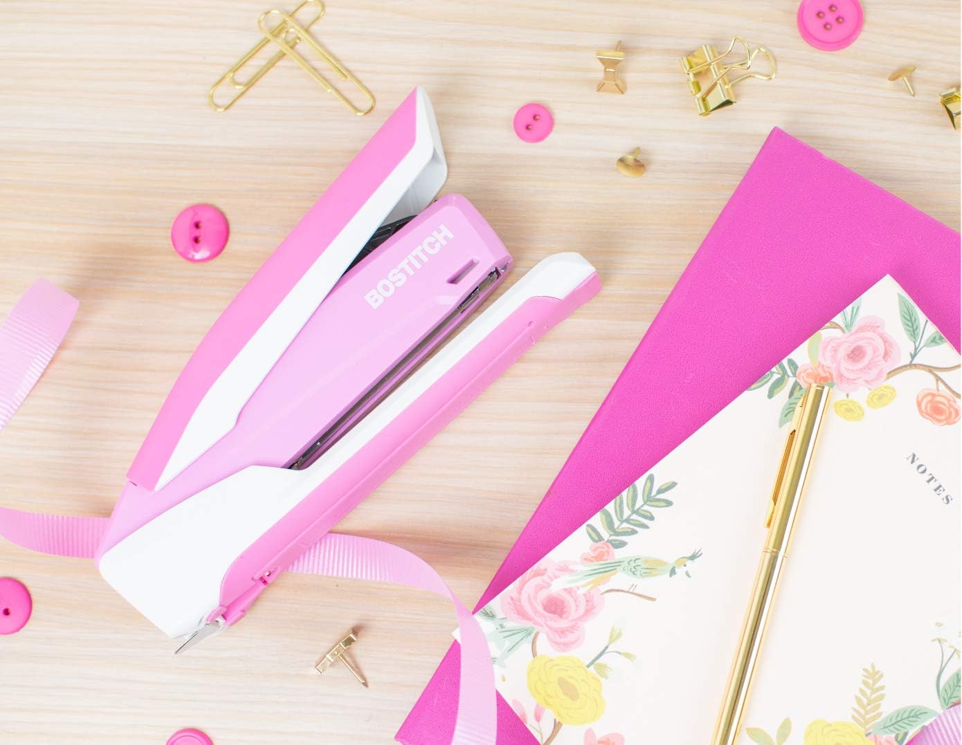 Bostitch InPower Spring-Powered Desktop Stapler, Breast Cancer Awareness Pink (1188) : Desk Staplers : Office Products