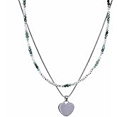 Senxilk Layered Gemstone Necklace Set – 18K Gold Plated Copper Chain with Heart Pendant & Beaded Choker with Gold Square Spacers