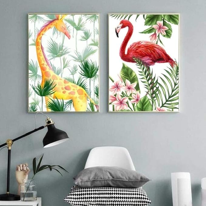 Flamenco rojo jirafa flores lienzo pinturas plantas verdes carteles