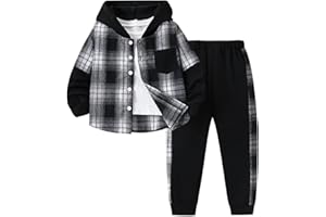 Azmxynol Boys Clothes Plaid Hooded Shirt 2pcs Outfit, Button Front Toddler Fall Winter Hoodie & Sweatpants Set, 4-8 years