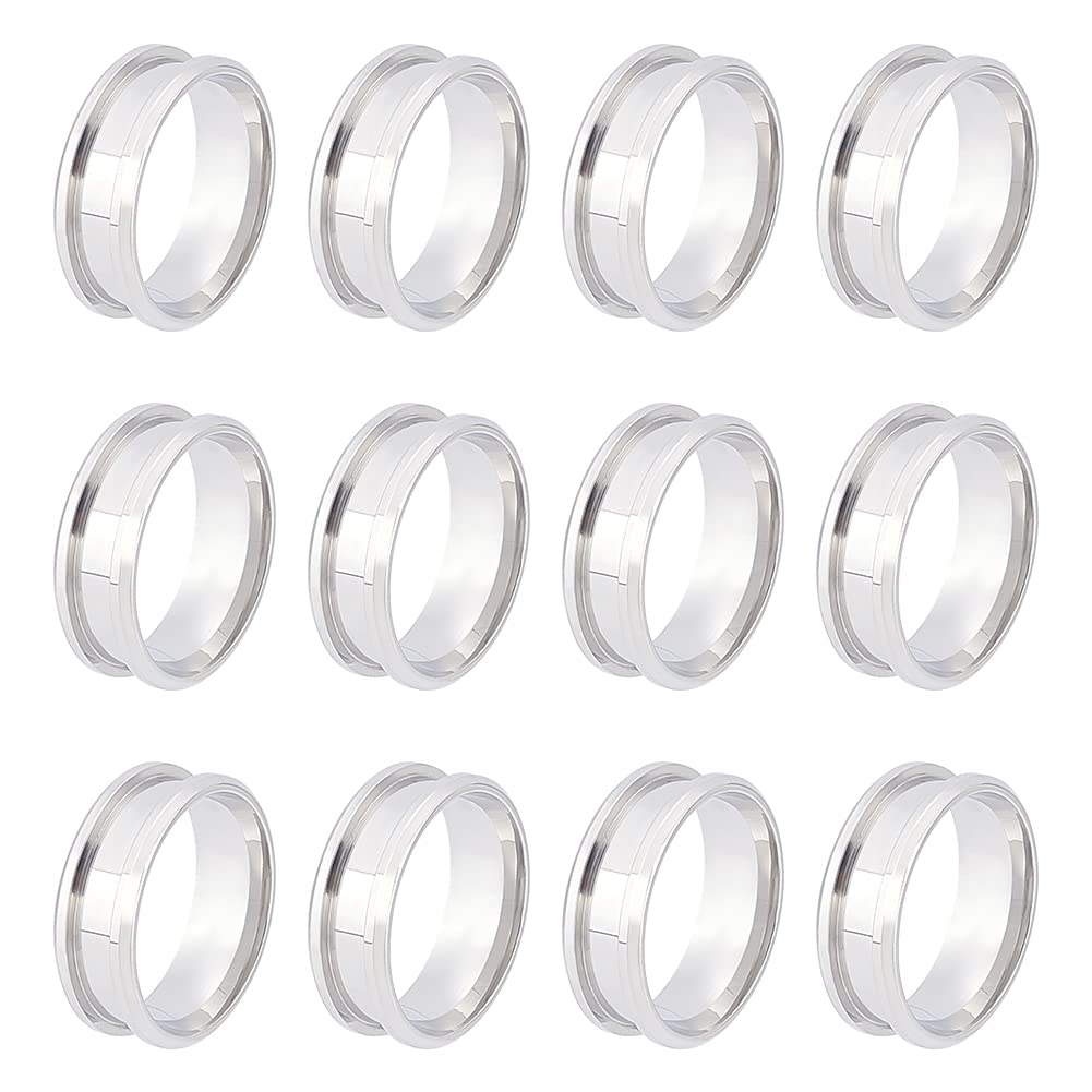 UNICRAFTALE 12pcs Size 10 Stainless Steel Grooved Finger Rings with Velvet Pouches for Inlay Ring Jewelry Wedding Making
