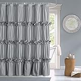 HIG Ruffled Farmhouse Shower Curtain, Gray Frilly Feminine Bathroom Curtain with 3 Rows of Handmade Butterfly Flowers, Elegan