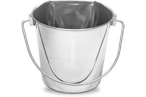 AASPIRE PETS Heavy Duty Stainless Steel Flat Side Bucket 9 Qt - Food & Water Pail Dogs, Horse, Kennels, Cages and Critter Crates - Enjoyable and Mess Free Multi-Purpose Pets Buckets (9 Quarts)