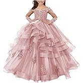 Flower Girl Dresses for Wedding Long Sleeve Tulle Tiered Princess Pageant Dresses for Girls Ruffles Prom Ball Gown