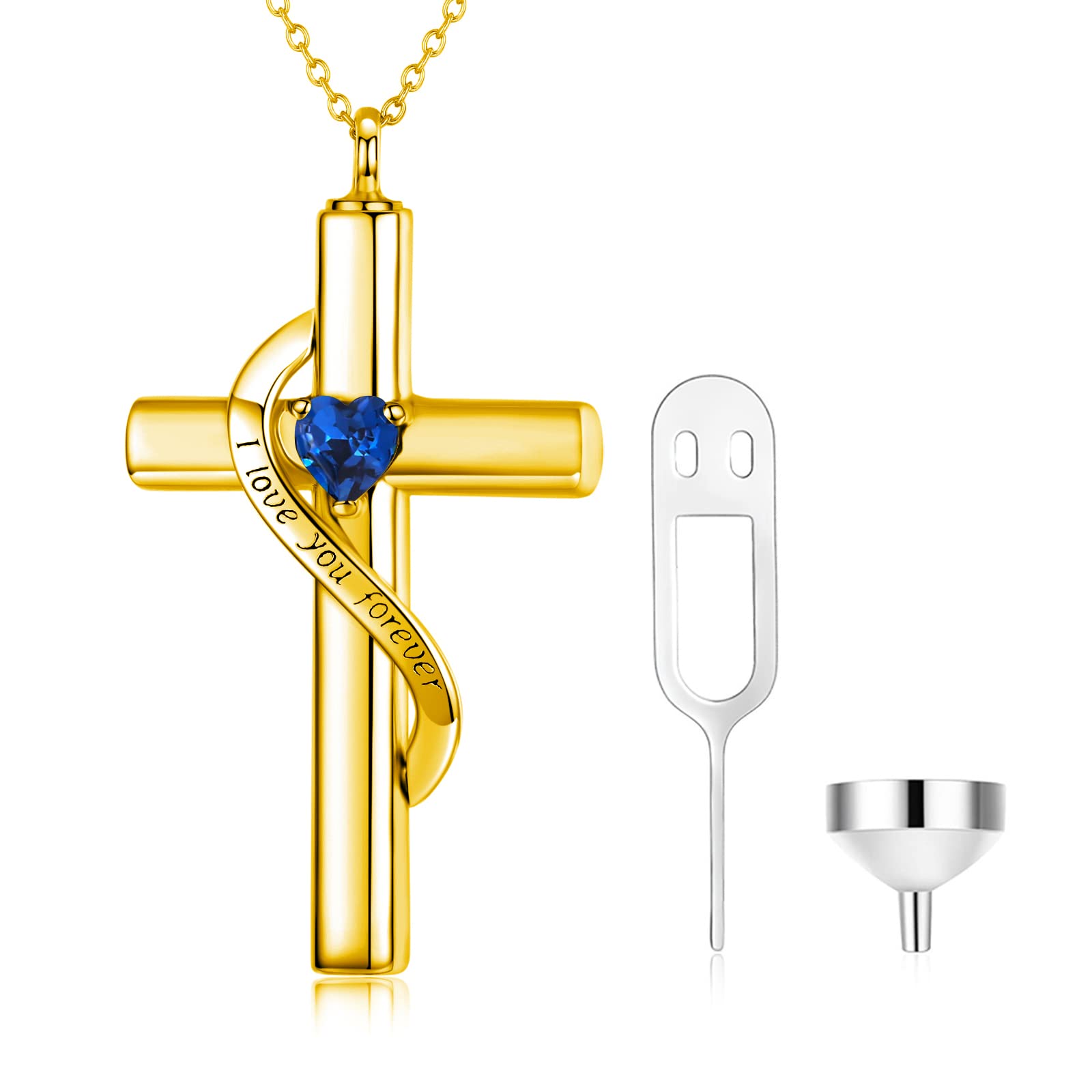 SOULMEET Crystal Cross Necklace for Ashes, Gold Plated Silver I Love You Forever Birthstone September Cross Urn Necklaces for Ashes Keepsake Cremation Jewelry for Pet Human Ashes