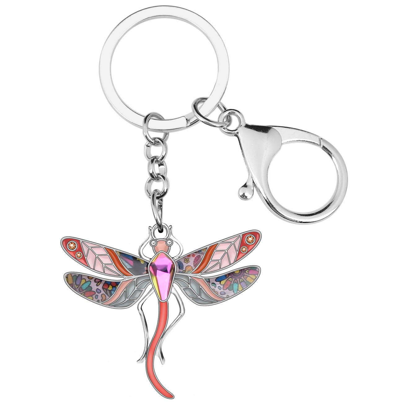 BONSNY Enamel Alloy Rhinestone Floral Dragonfly Keychains Key Car Purse Bags Charms Nature Design (Pink)