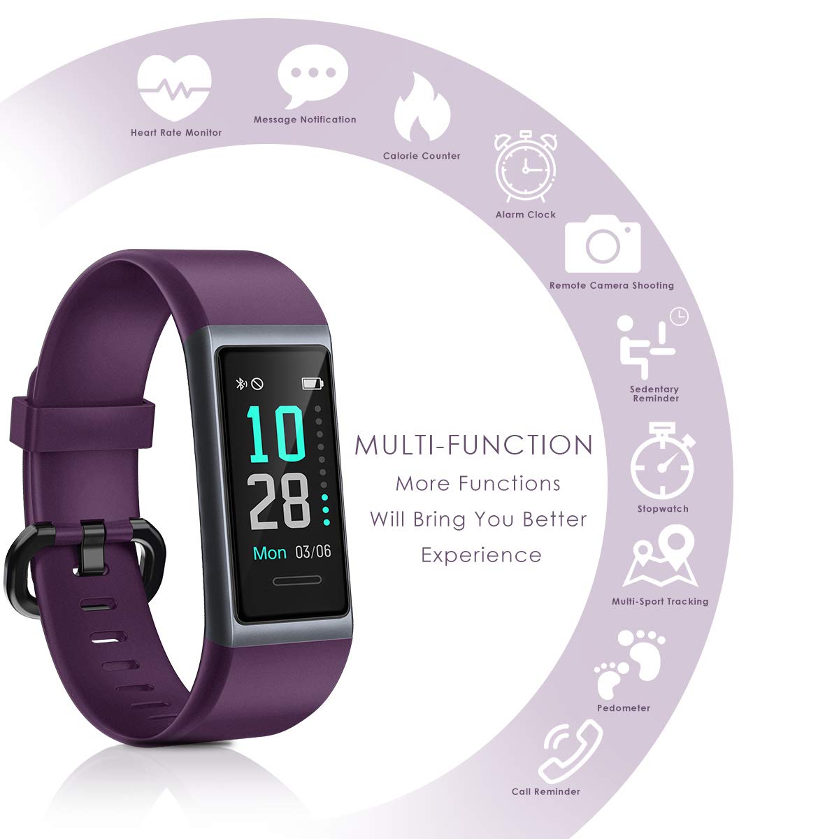 CHEREEKI Fitness Tracker, Orologio Fitness Bluetooth Impermeabile IP68 Uomo Donna con Cardiofrequenzimetro, Contapassi con Calorie, e Cronometro per iPhone Android (Viola)