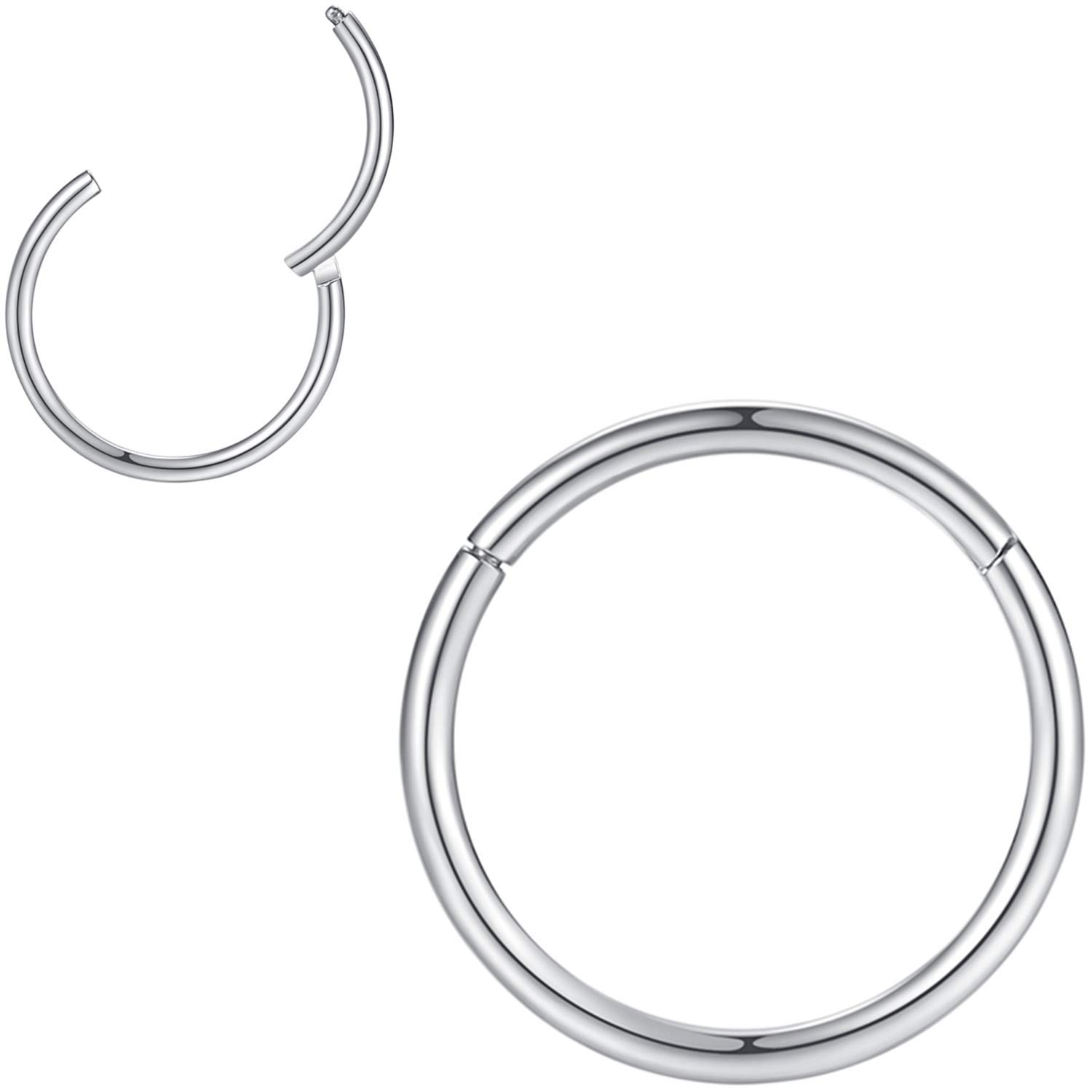 16g Hoop Nose Rings for Men and Women - 9mm Nose Hoop, 16 Gauge Silver Septum Clicker Hinged Ring - 316L Surgical Steel Silver Body Piercing Earrings for Cartilage, Helix, Ear Lobe, Daith, Rook