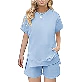 Arshiner Girls 2 Piece Outfit Summer Short Sleeve Loose Fit T-Shirt and Shorts Set Casual Activewear High-Low Hem Sweatshirt