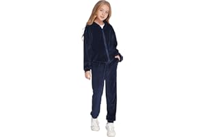 Hopeac Girls Casual Basic Velour Zip Up Hoodie Sweatsuit Tracksuit Set Jogger Clothes Outfits