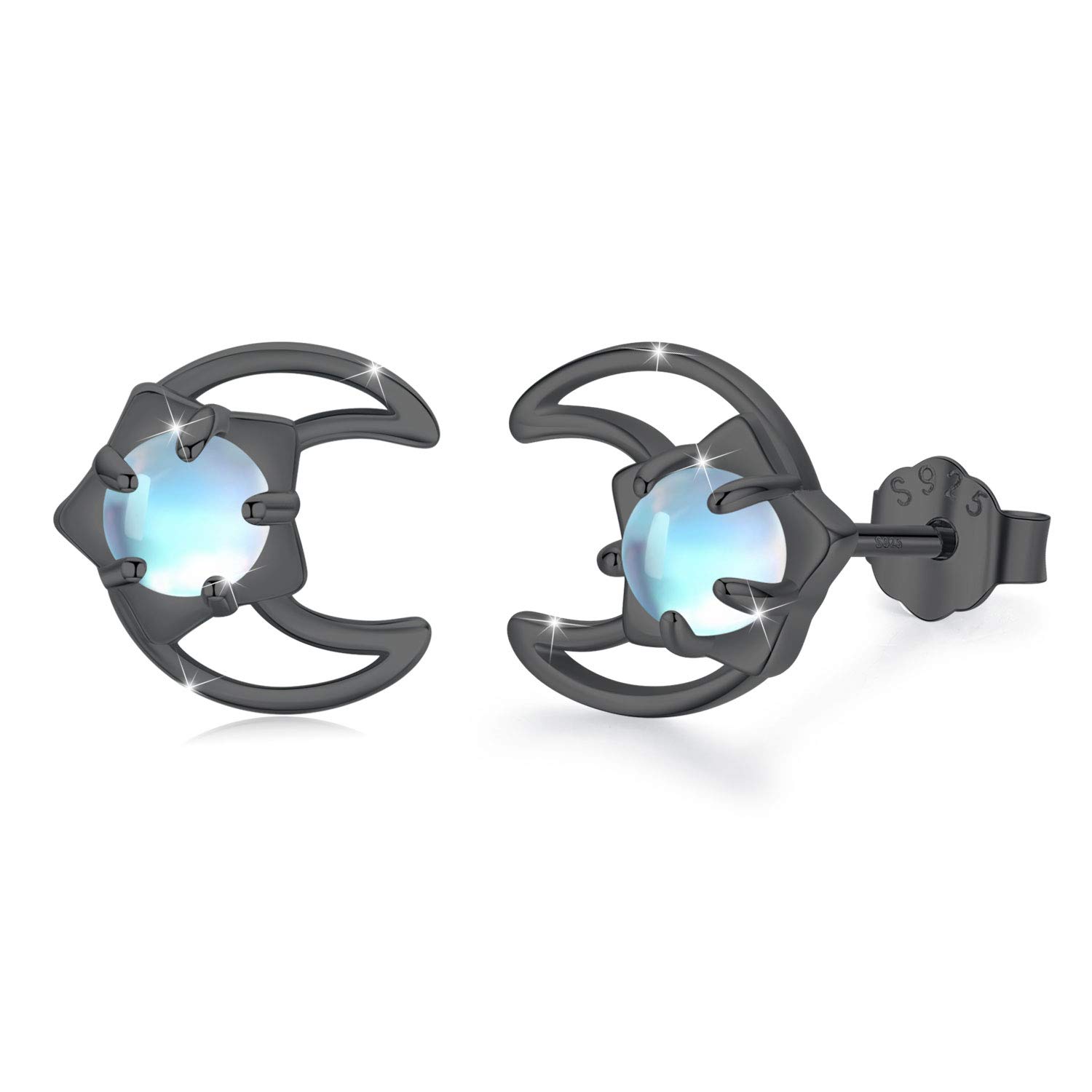 CUOKA MIRACLE Moonstone Star Earrings Moon Earrings Set 925 Sterling Silver Rainbow Moonstone Stud Earrings for Women Kids Moon and Star Stud Earrings for Girls (Black Gold-Moon)