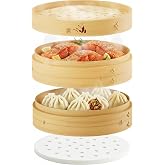 8" Bamboo Steamer Basket - Delicious Home Cooked Meals, Authentic Flavor | 8 Inch, 2 Tiers + 50 Liners - Compact Basket Steam