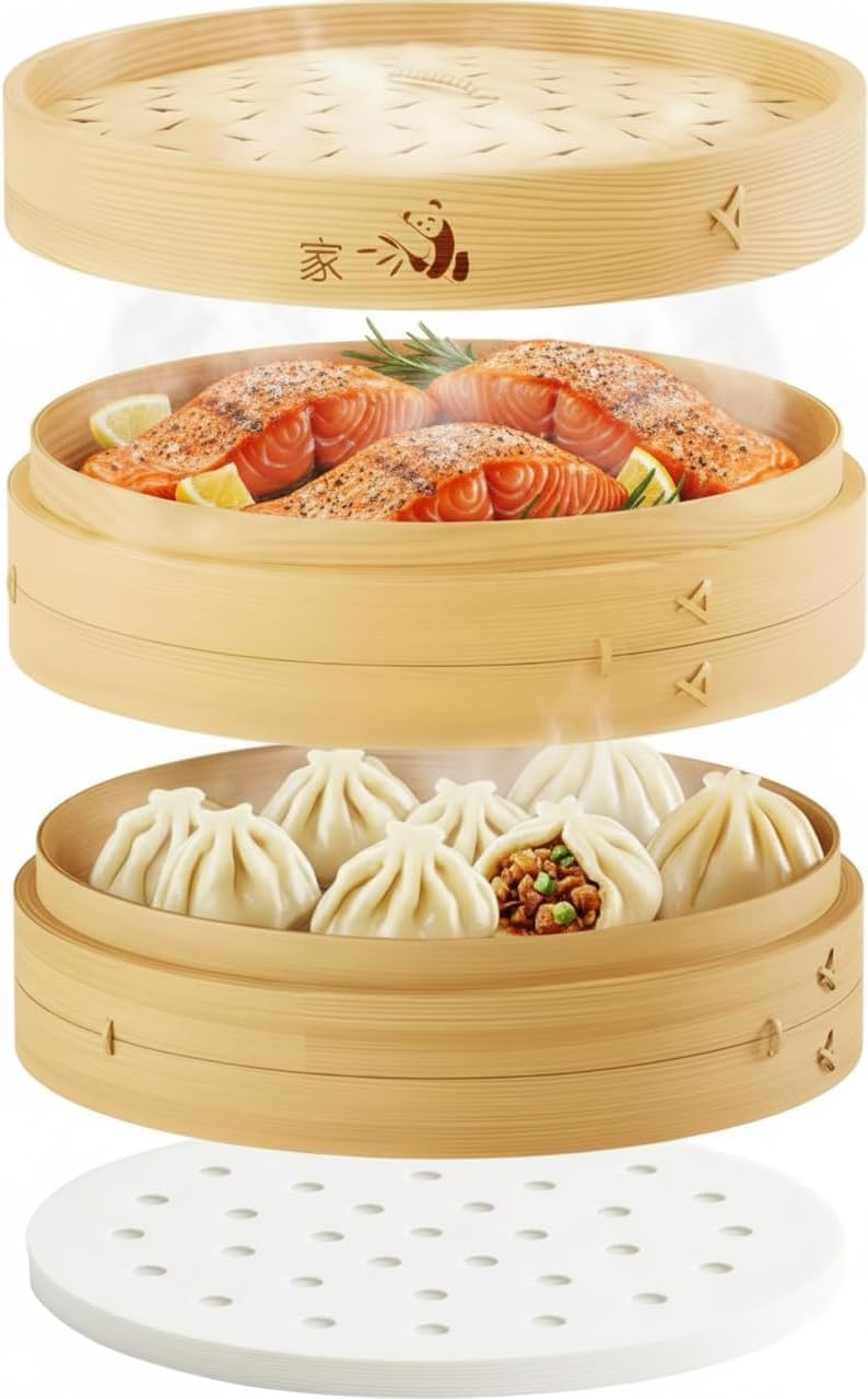 Photo 1 of Prime Home Direct Bamboo Steamer Basket 8-Inch | 2-Tier Steamer for Cooking | 50 Liners | Small Instant Steaming Cookware Asian Food, Bao Buns, Chinese, Dim Sum, Dumpling, Rice, Vegetable Steam Pot
